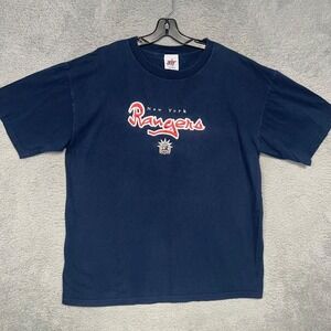 VTG Joy Atletic New York Rangers T Shirt Mens 2XL XXL Blue Embroider Script Logo